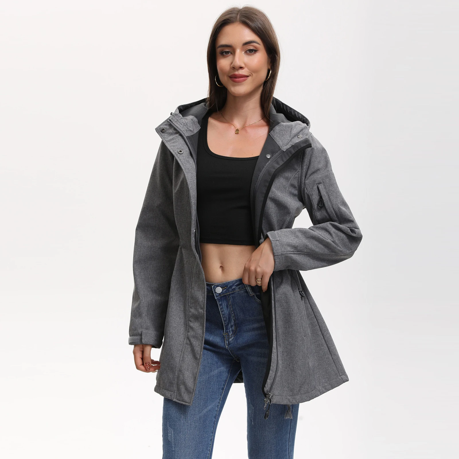 

Женская ветрозащитная куртка с капюшоном на талии, куртка средней длины, женский модный топ, подходящий для повседневного использования, теплый для путешествий на открытом воздухе