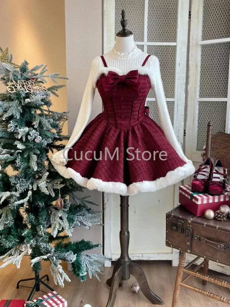 Christmas Red Vintage Suits Women Casual Cloak Coast + Sleeveless Mini Dress Faux Fur 3 Piece Dress Sets Evening Party Outfits