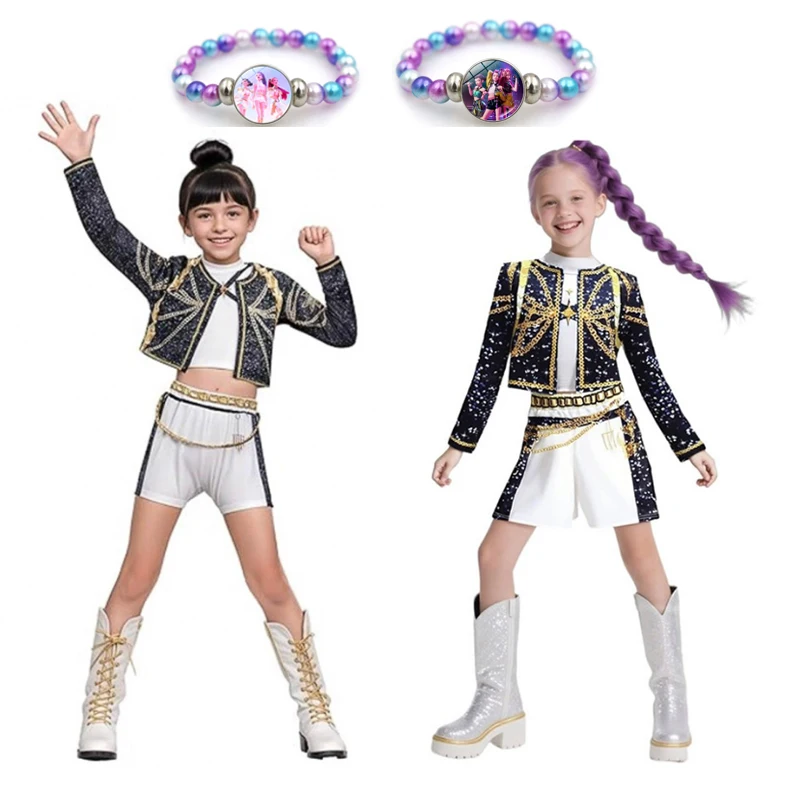 

Girls Kpop Demon Hunter Cosplay Costume Rumi Zoey Mira Uniform Suit Halloween Carnival Party Roleplay Outfits Stage Bracelett