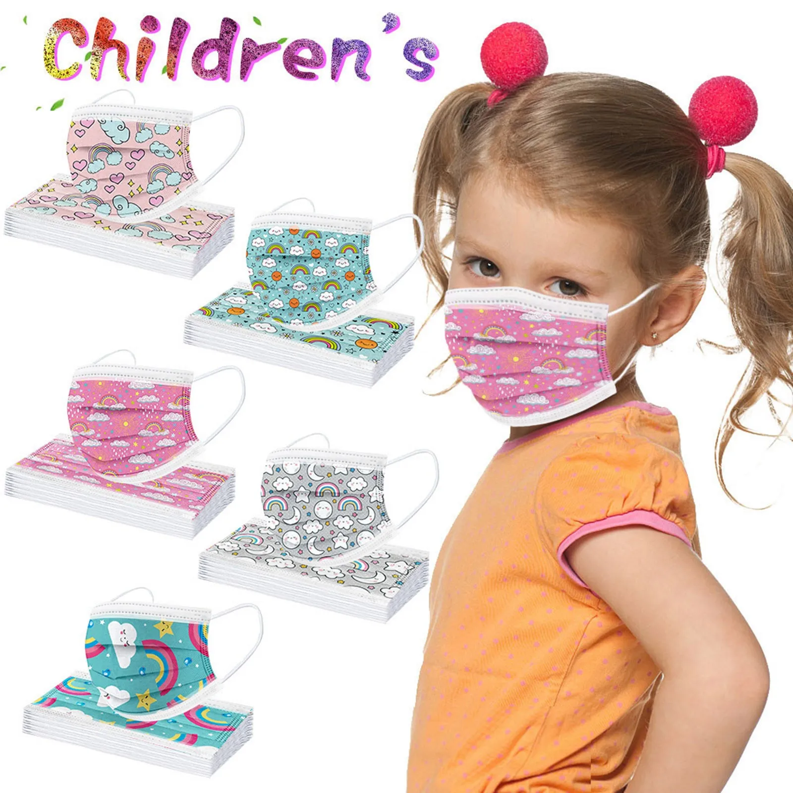 Children'S Mask Rainbow Series Combination Type Non-Positioning Printed Mask Five Types Of 10 Pcs Each Totaling 50 Pcs Practical