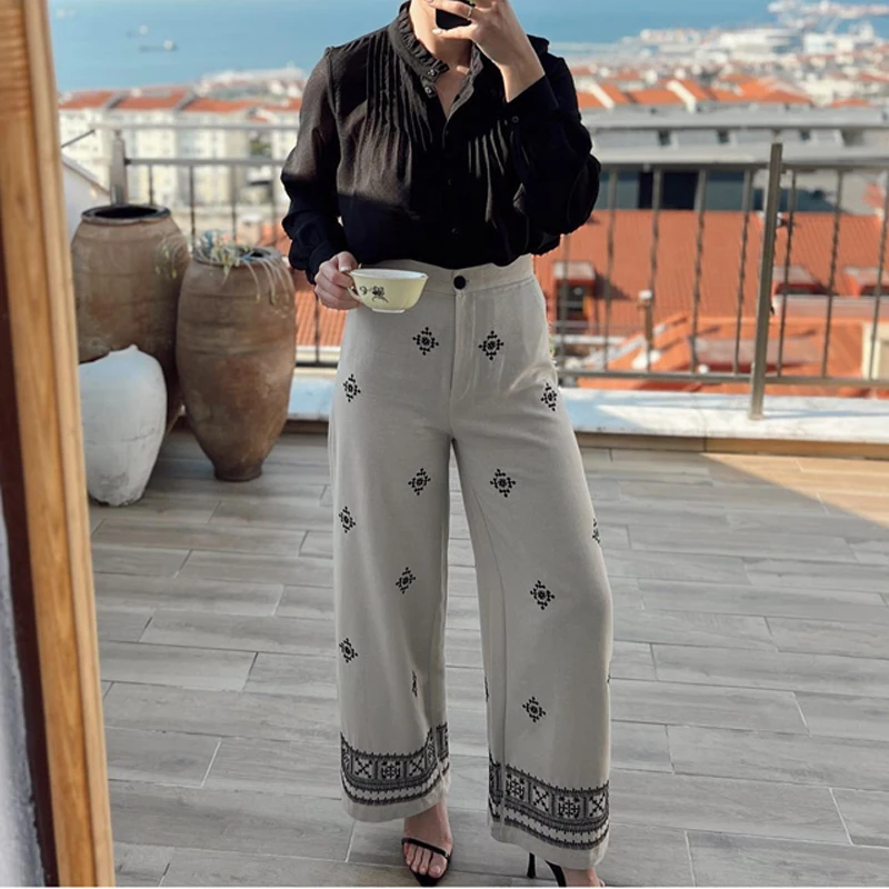 TEELYNN Vintage Ethnic Floral Embroidery Wide Leg Pants for Women Casual High Waist Linen Cotton Pant Summer Boho Beach Trousers