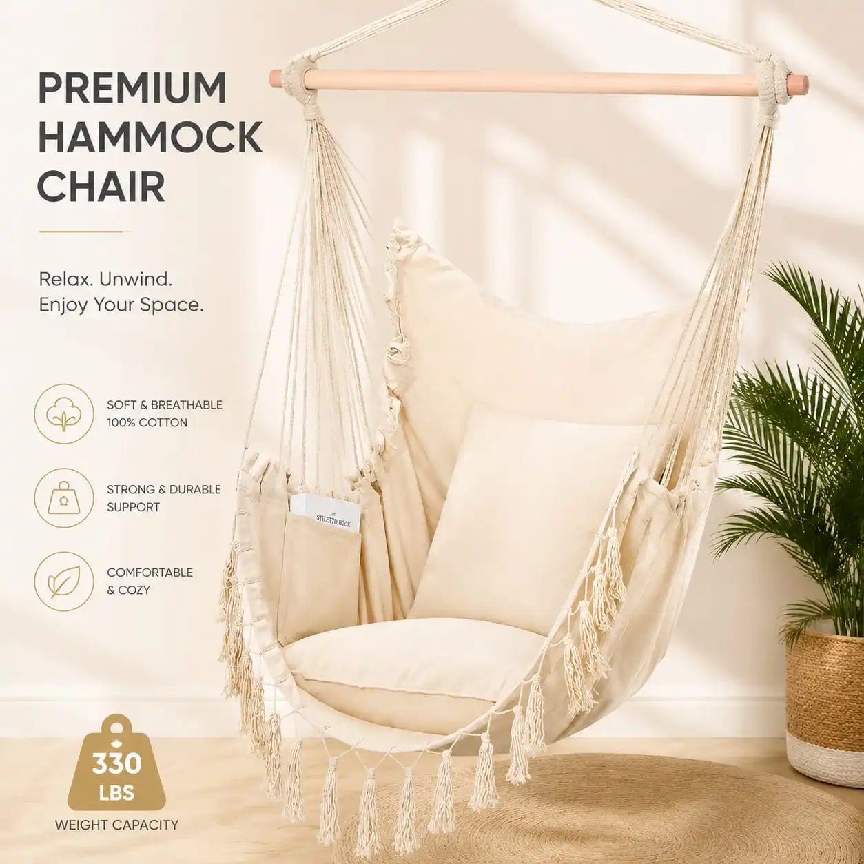 Macrame Hanging Chair with Cushioned Pillows – Heavy-Duty Cotton Rope Swing for Indoor or Outdoor Use, 500 lb Capacity