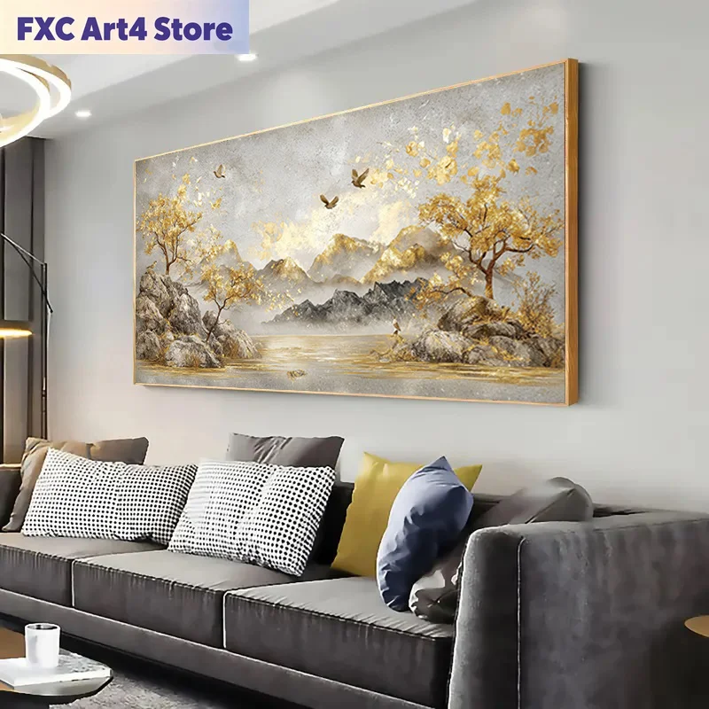 Frameless Large Modern Abstract Canvas Wall Art Mountain Landscape with Trees, Birds Frameless Decor, Extra Long Up Modern Home
