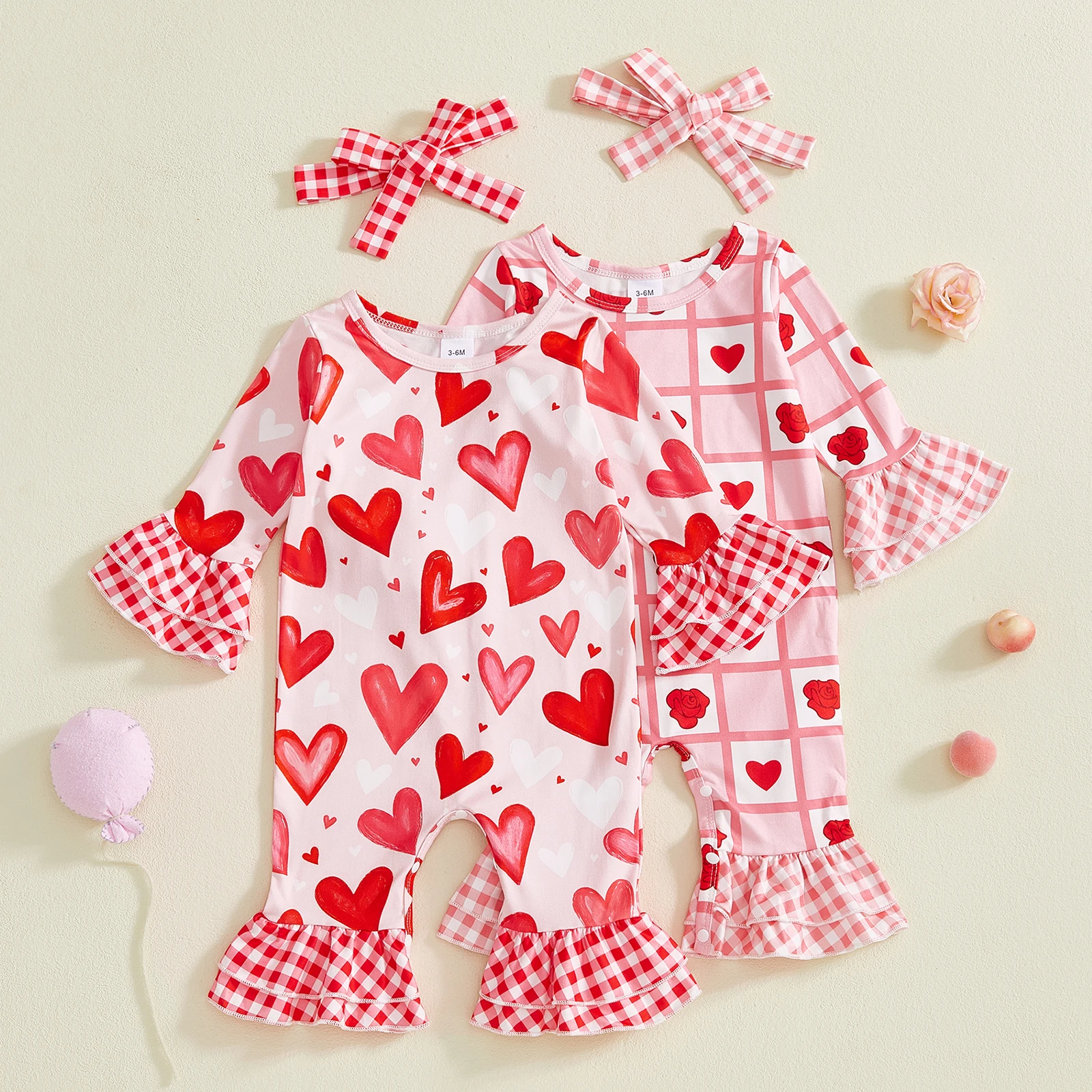 

Tregren От 0 до 18 месяцев для маленьких девочек, комплект из 2 предметов на День святого Валентина, комбинезон с длинными рукавами и круглым вырезом с принтом розового сердца и повязкой на голову