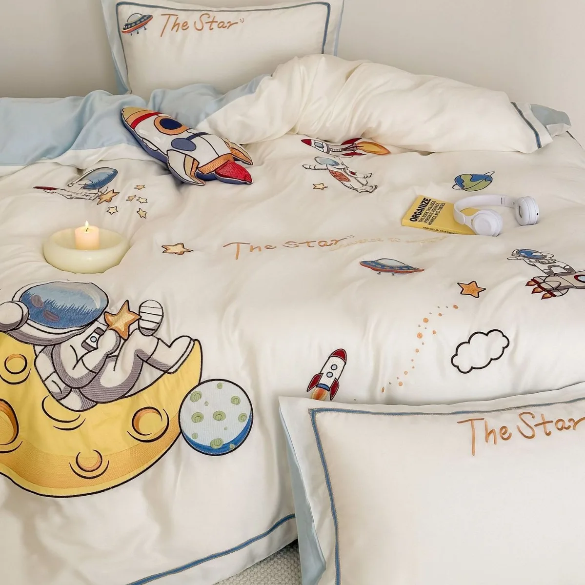 Summer Cute Cartoon Style 60 Lancing Tencel Four Piece Set Astronaut Embroidered Quilt Set Children's Three Piece Bedding Set