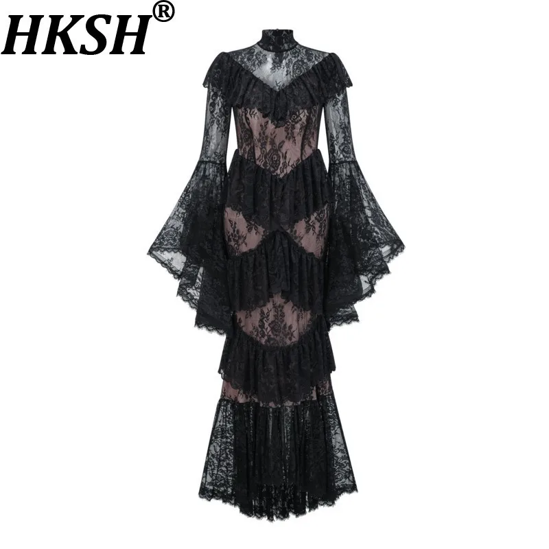 HK8268 여성용 우아한 분위기의 레이스 자수 스파이크 쉬어 메시 레이어드 플레어 슬리브 이브닝 드레스 추천 리뷰