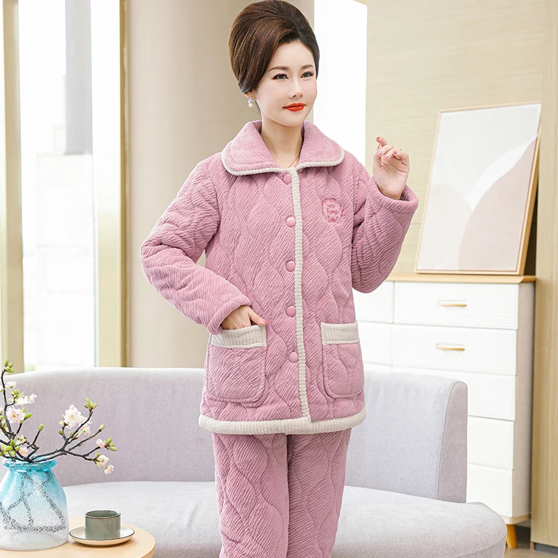 High Quality Winter Thick 3 Layer Clip Cotton Women Pajamas Sets  Female Warm Sleepwear Home Clothing