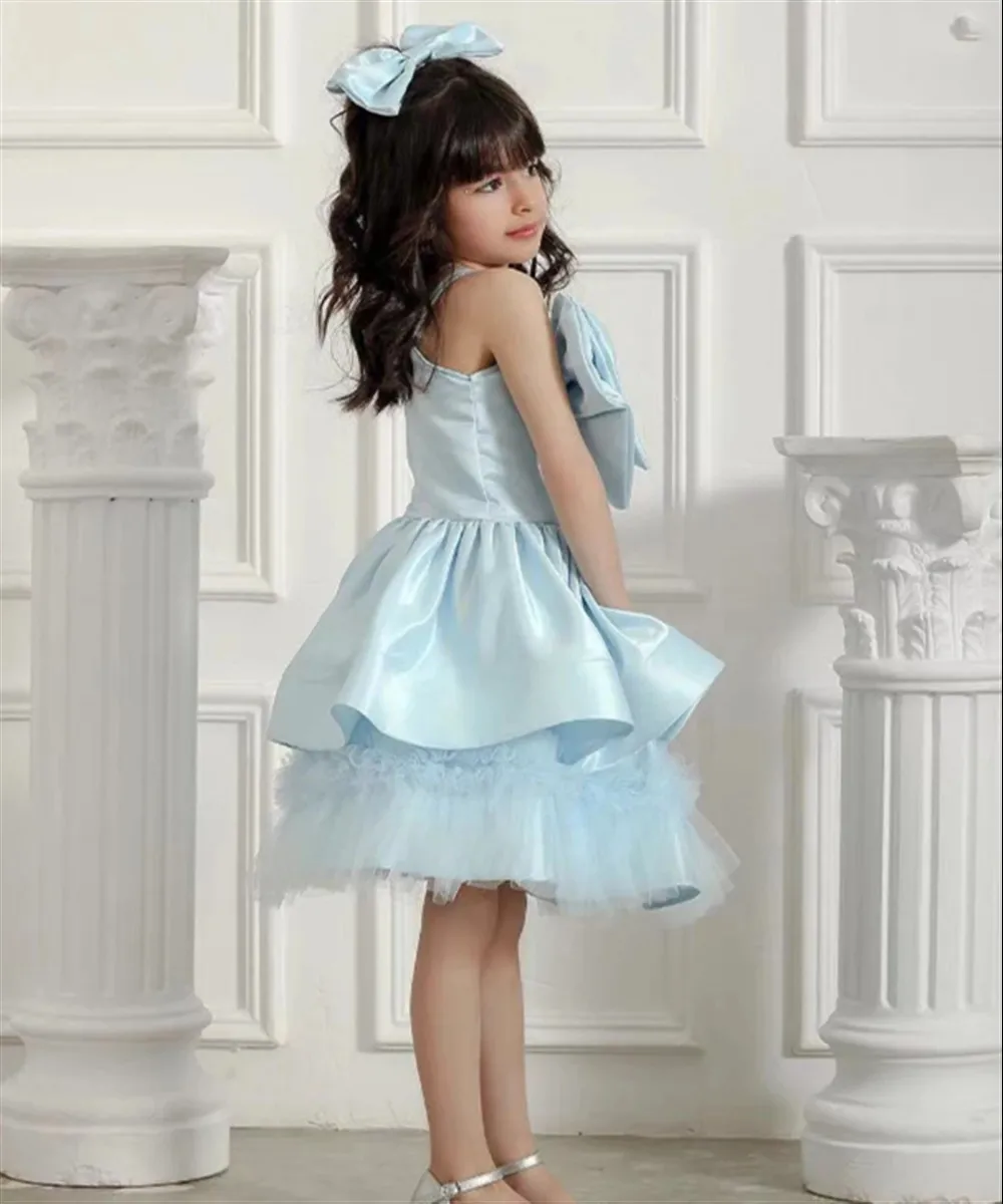 

Customized Sky Blue Flower Girl Dress For Wedding Sleeveless Knee Length With Bow Kids Birthday Party First Communion Gown