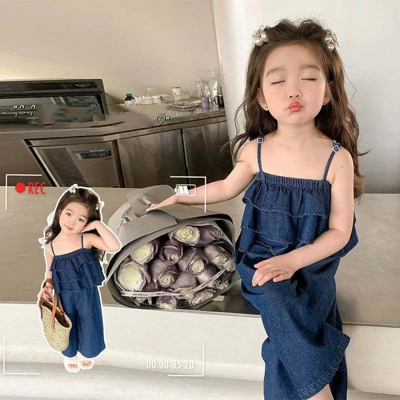 

Summer Baby Girls Cotton Stylish Layered Shoulderless Slip Denim Shirt Top+Jeans Set Kids 2PCS Suit Child Vacation Outfit 1-9 Yr