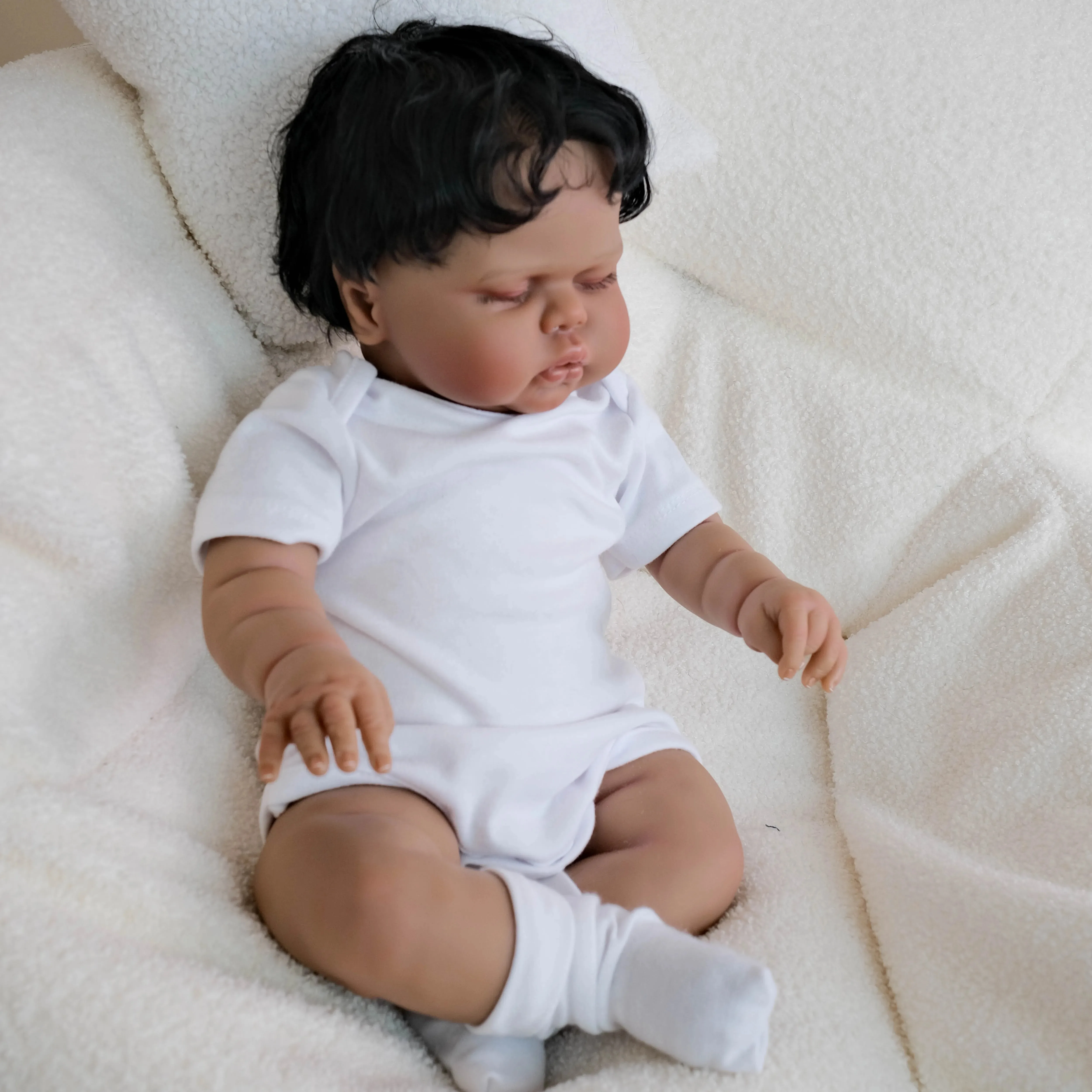48CM Pickle Dark Skin Soft Cotton Body Lifelike Reborn Sleeping Baby Doll Multiple Layers Painting Hand Rooted Hair