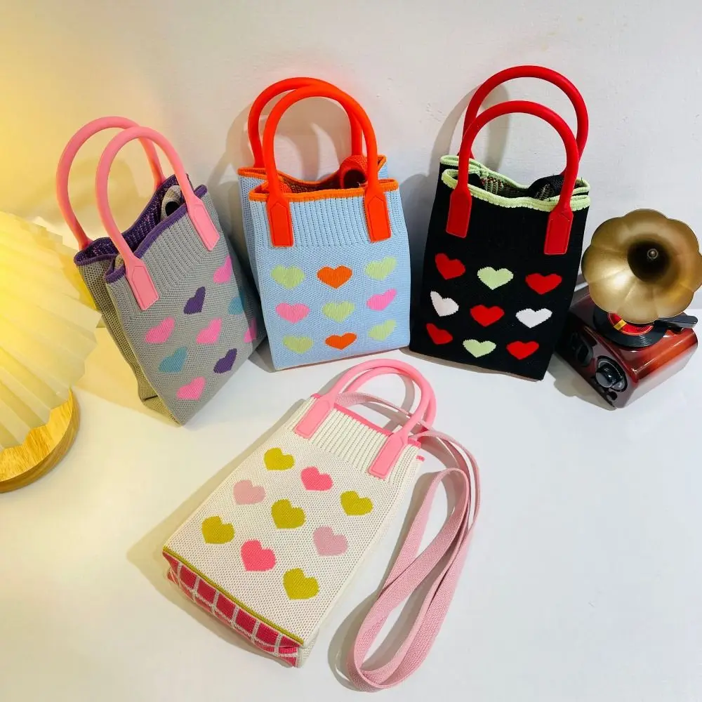 Fashion Love Heart Knit Handbag High-capacity Mini Phone Bag Knit Shopping Bags Women