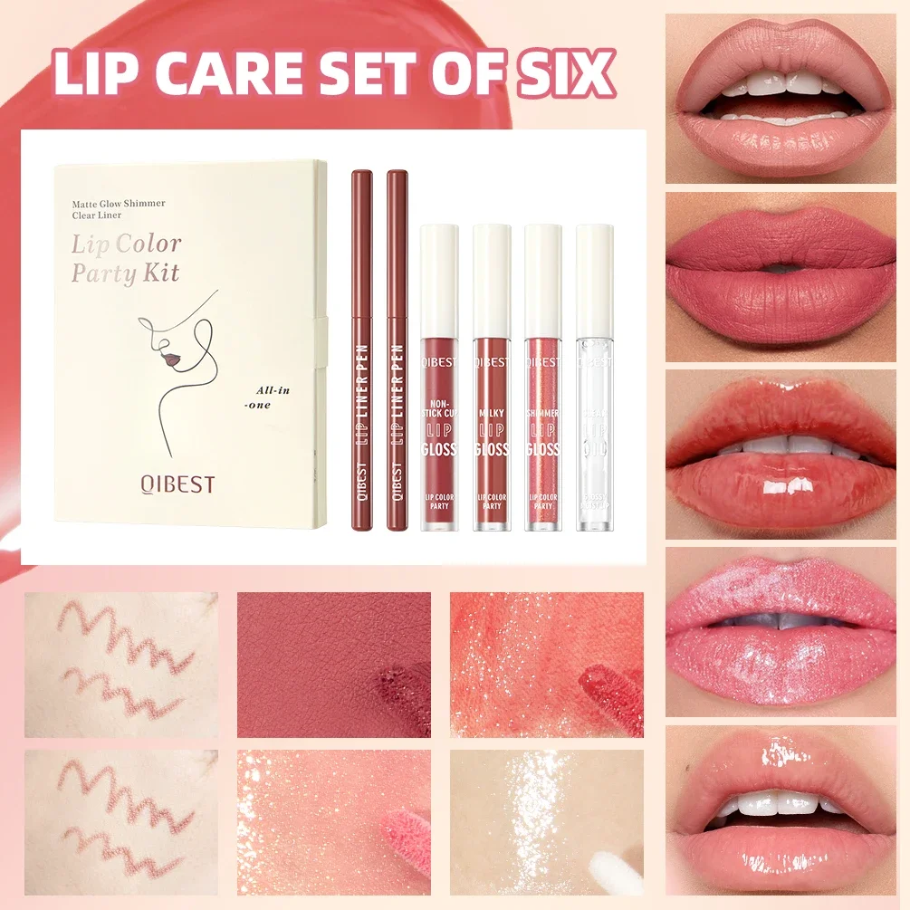 QIBEST 6 Pcs Lip Color Party Sets Include 2*Lipliner,1 Liquid Lipstick,2 Mirror Lip Glaze And 1 Transparent Lip Oil Cosmetic Kit