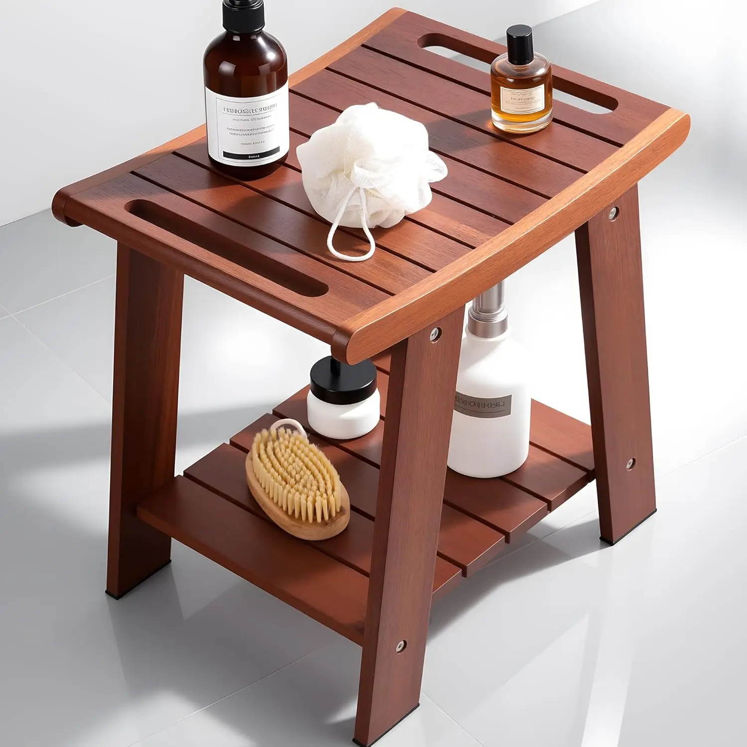 

Teak Shower Bench for Shaving Legs with Storage Shelf, Waterproof Shower Stool with Non-Slip Feet, Large Teak Wood Showers Se
