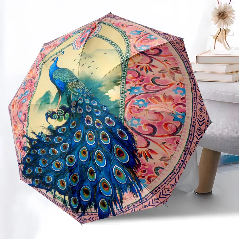 

Зонт в виде павлина, модный дизайн с автоматическим открытием, 8, железные ребра, пластиковая ручка, складной солнцезащитный козырек, идеальные праздничные подарки
