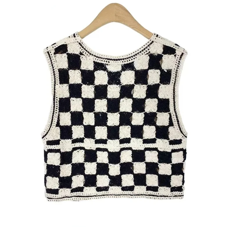 Checkerboard Crochet Vest for Women Black and White Plaid Button Front Sleeveless Jacket Tanks Female Summer Trendy Outfit