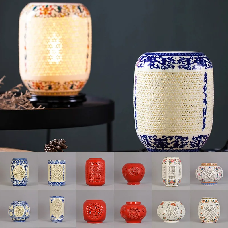 Chinese Style Ceramic Hollow Lampshade Blue and White Porcelain Table Lampshade Living Room Decor Wall Lamp Hanging Lamp Cover