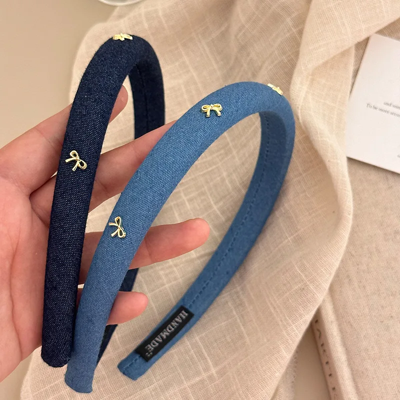 

Retro denim blue bow headband headband for women, high skull top pressure hair, anti slip hair clip, simple and versatile