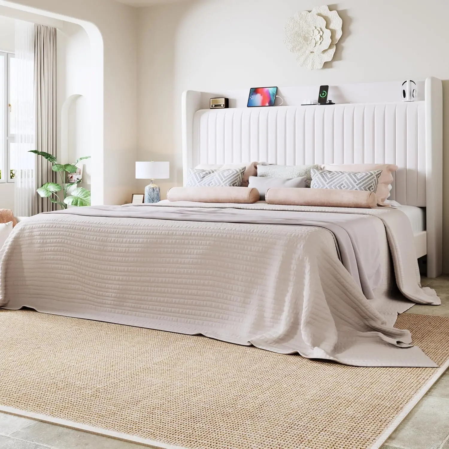 Bedroom Use, Velvet and Wood, White, with USB Charging Station, Storage Shelf, No Box Spring Needed, Easy Assembly