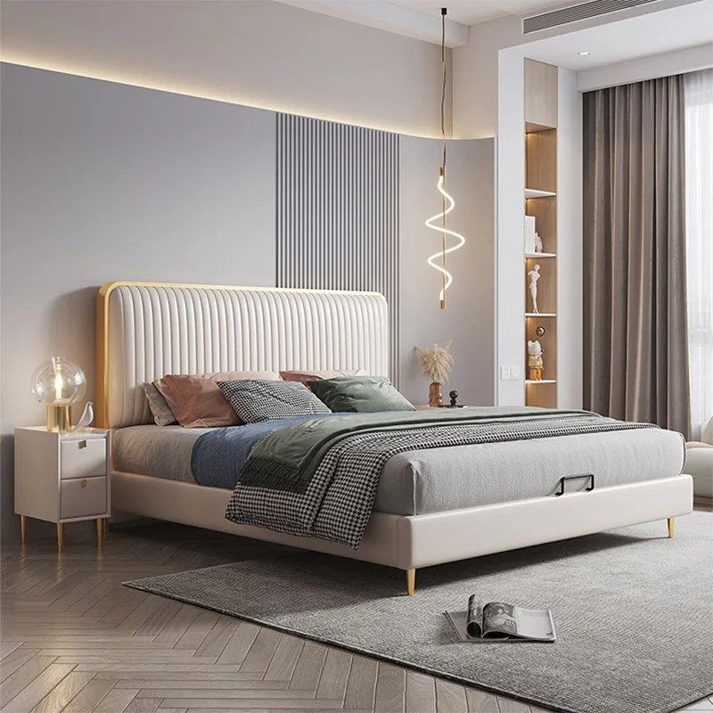 

Leather bed, modern, minimalist, Nordic, soft bag, flush edge, double, master bedroom