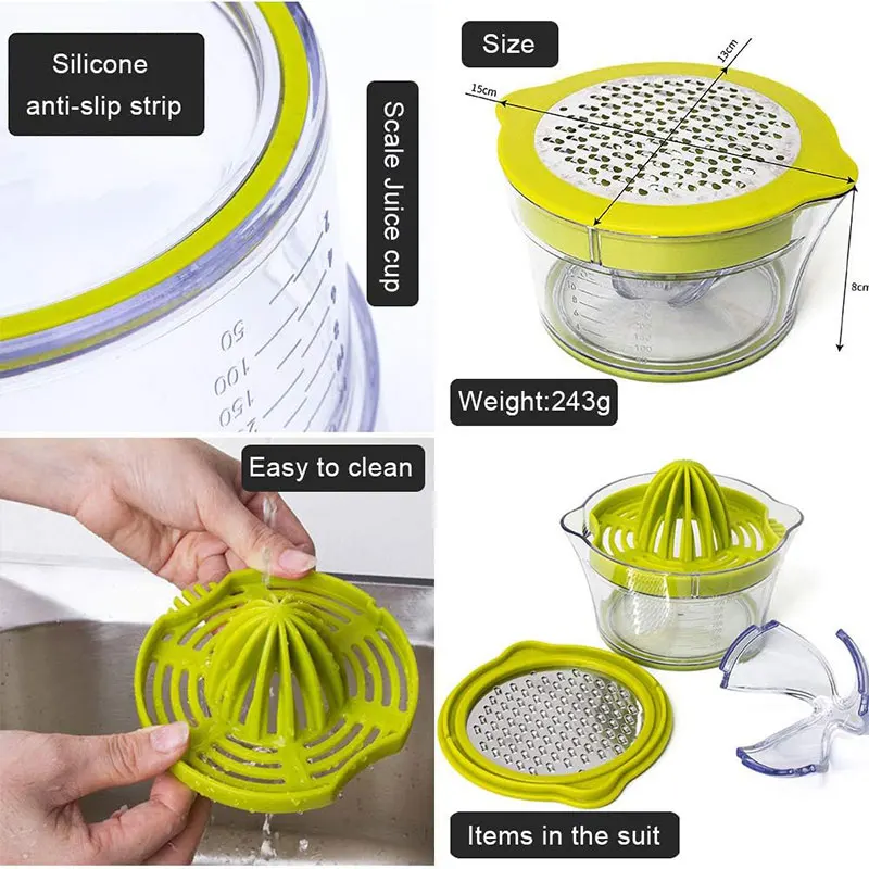 Multifunction Citrus Lemon Orange Juicer Manual Hand Squeezer with Built-in Measuring Cup Non-Slip Ginger Garlic Cheese Grater