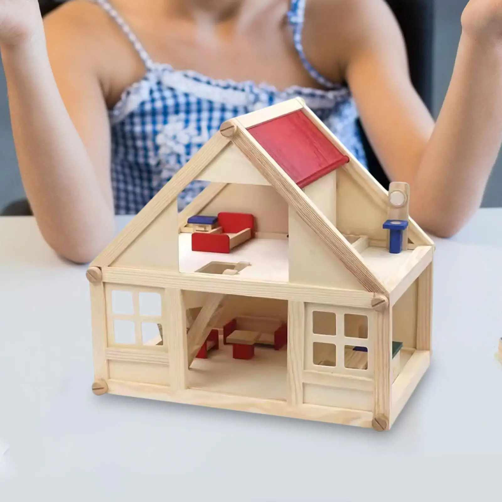 Drewniany domek dla lalek, miniaturowy domek, 2 piętra, mini meble, zabawka do zabawy w domu.