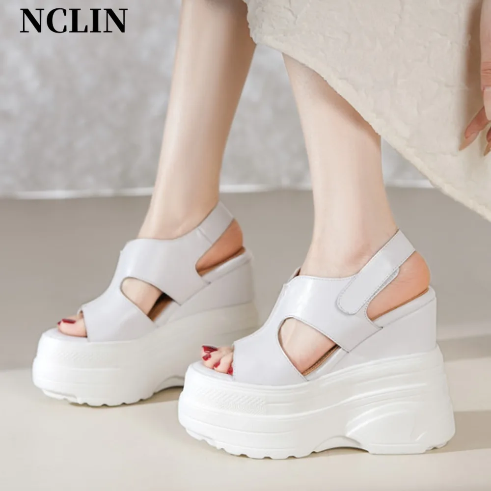 

Summer White Women's High Heels Hollow Out Sandals Platform Buckle Wedges Front Open Toe Ladies Shoes Genuine Leather Sandals