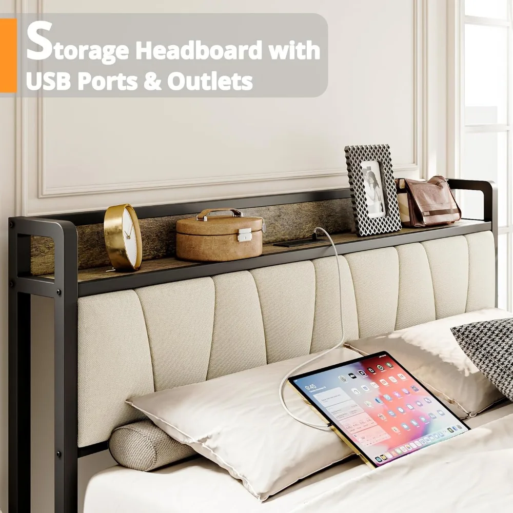 King Bed Frame, Storage Headboard with Charging Station, Solid and Stable, Noise Free, No Box Spring Needed, Easy Assembly