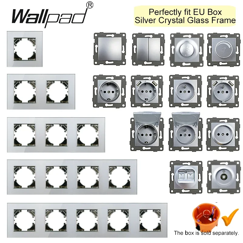 DIY Grey Glass EU Electrical Sockets and 1 2 Gang Light Switches Curtain Date Rj45 Tel TV USB Outlet Wallpad Round Box