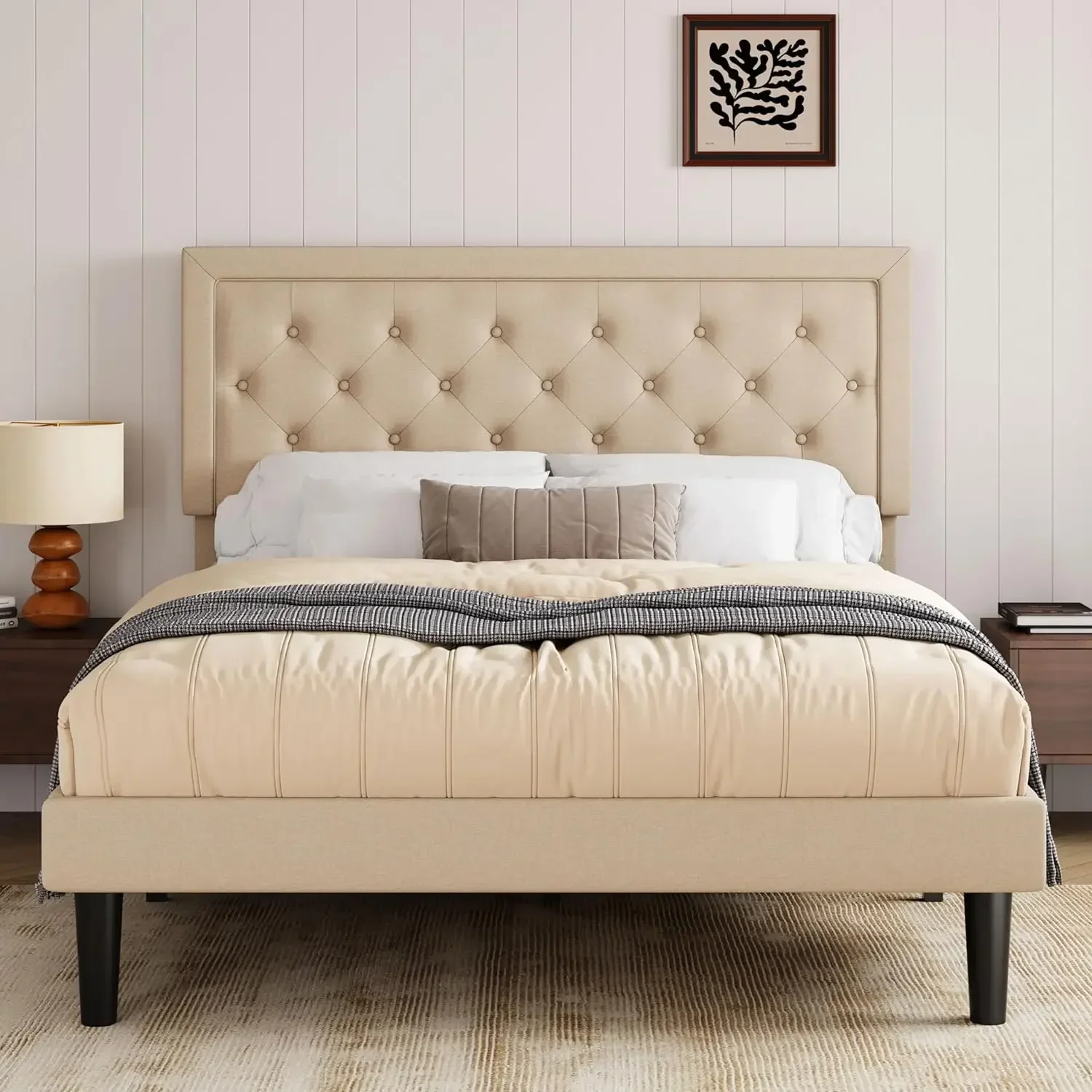 Full Size Button Tufted Platform Bed Frame/Fabric Upholstered Bed Frame with Adjustable Headboard