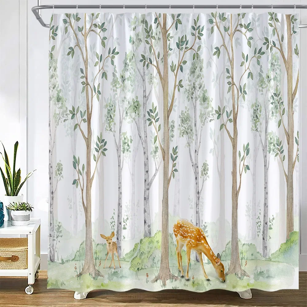 Spring Forest Shower Curtains Funny Animals Fox Bear Deer Squirrel Rabbit Green Leaves Plants Trees Modern Fabric Home Decor Set