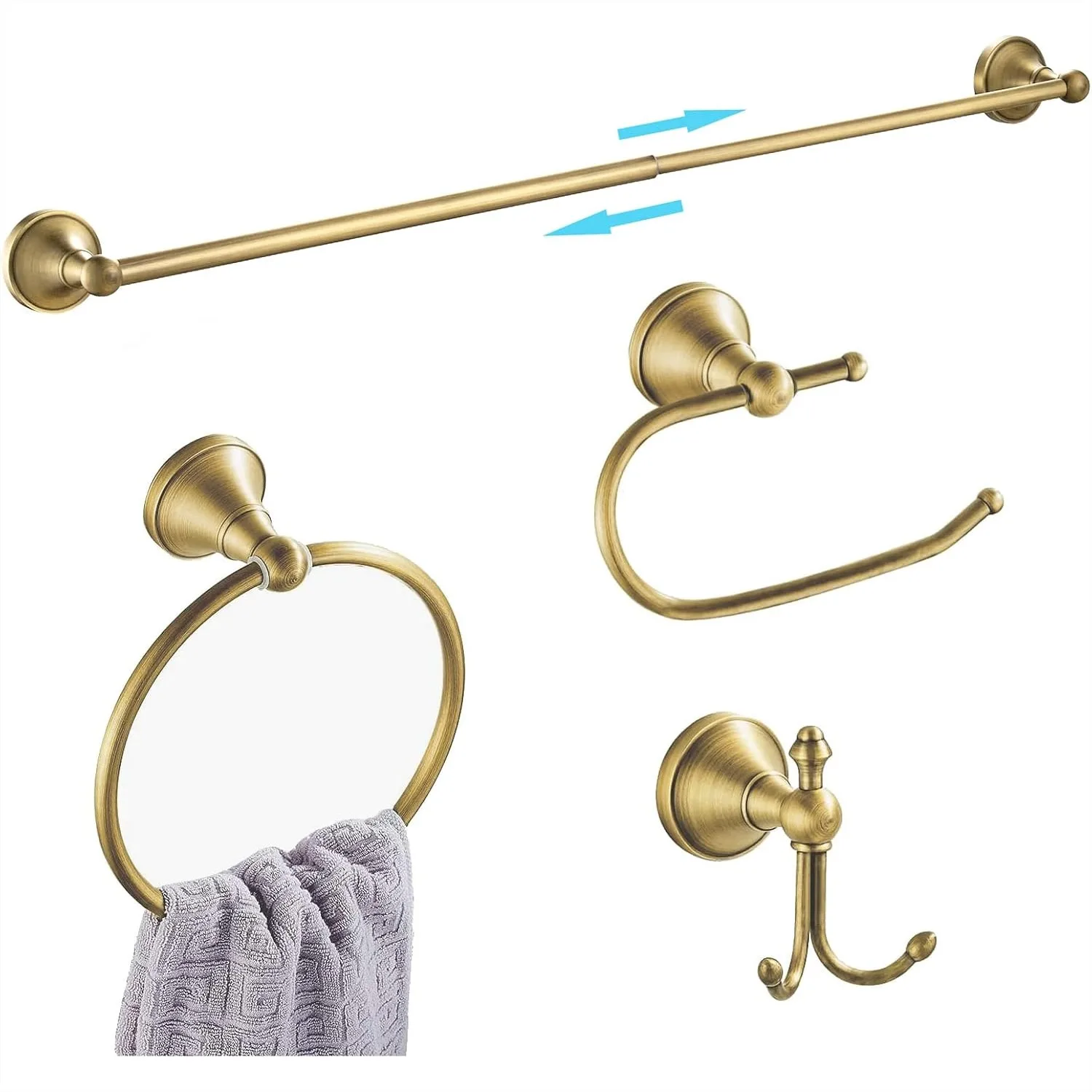 

Brass Bathroom Accessories Set, Antique Adjustable Towel Bar, Vintage Brushed Brass Wall Mounted
