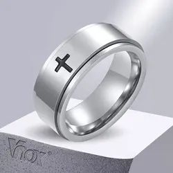 Vnox Spinner Cross Ring for Men, Black Stainless Steel Rotatable Stress Release Finger Band, Boy Christ Jesus Religion Ring