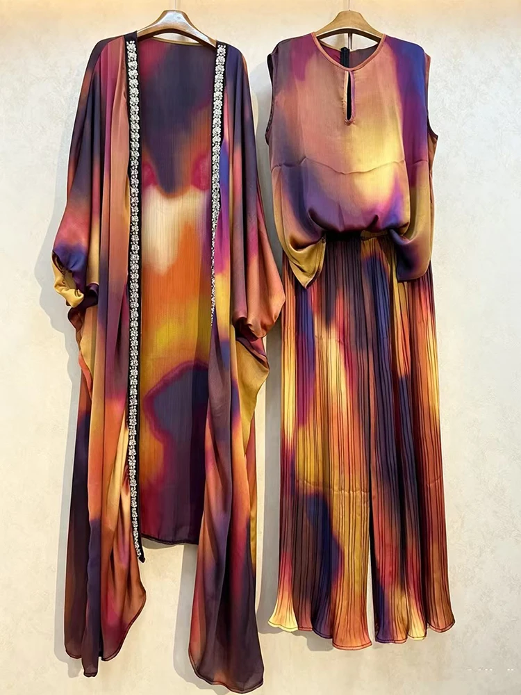 Design retro geometric print diamond long cardigan 2026 autumn women's clothing + vest + loose wide leg pants three-piece set