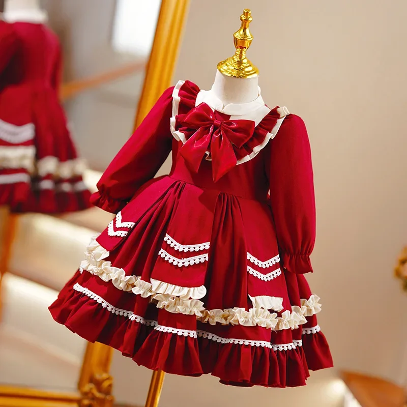 Wine Red Elegant Dress Kids Party Dresses for Girls Children Lolita Costume Spanish Court Tutu Princess Dresses Vestido