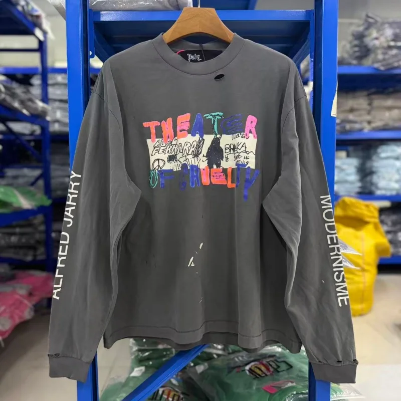 Retro Destroyed Ripped T Shirt Men Color Print PALY Oversized Long Sleeve Street Top