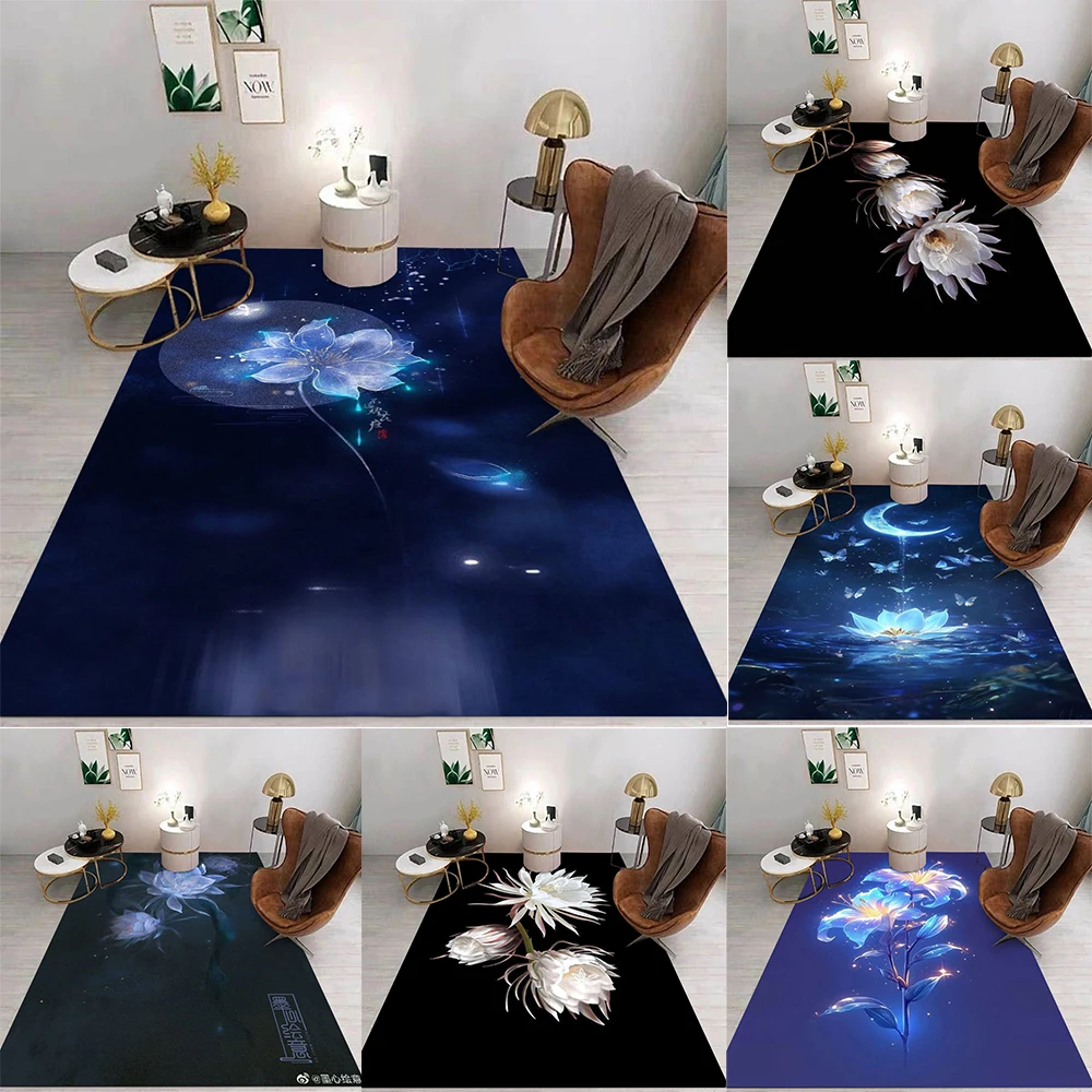 Glowing Floral Art Carpet Various Styles With Lotus Lily Epiphyllum Shining Effect Patterns Non Slip Rug For Living Room Decor
