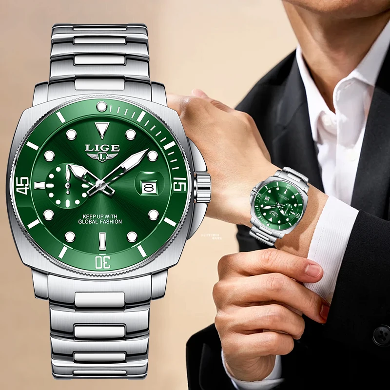 

Мужские кварцевые часы LIGE с простым циферблатом, водонепроницаемые, с уникальным дизайном, светящимися стрелками и датой, на стальном браслете.
