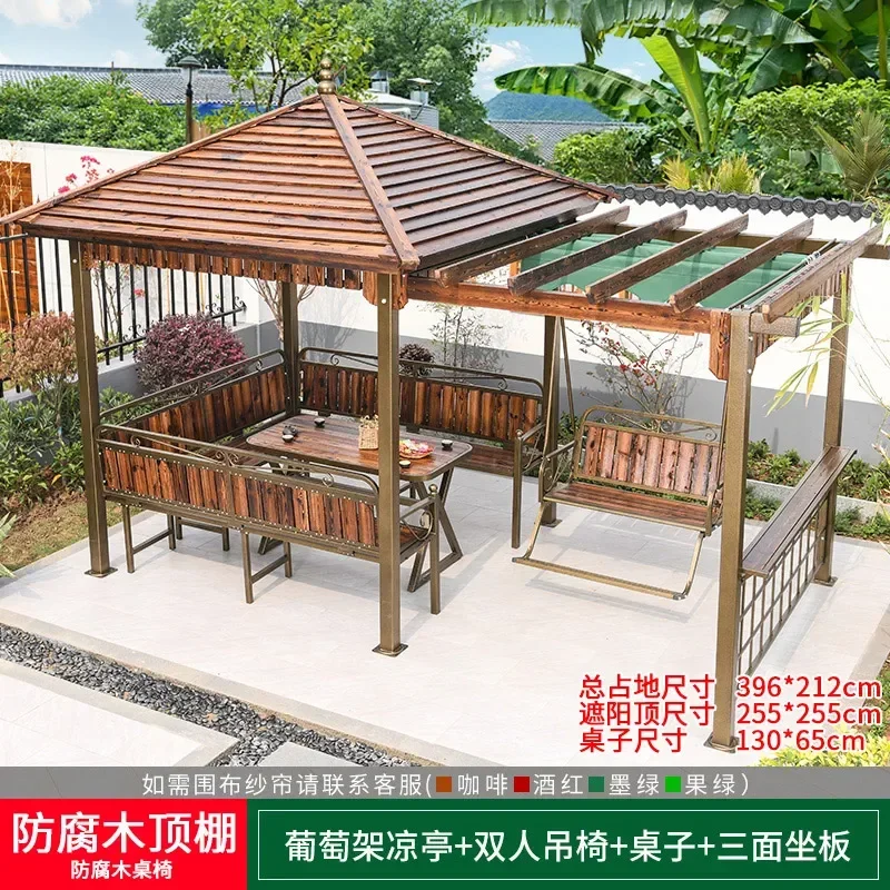 

Outdoor pavilion grape frame swing table chair courtyard awnings carbonized anti-decay wood rocking movable pergola arbour