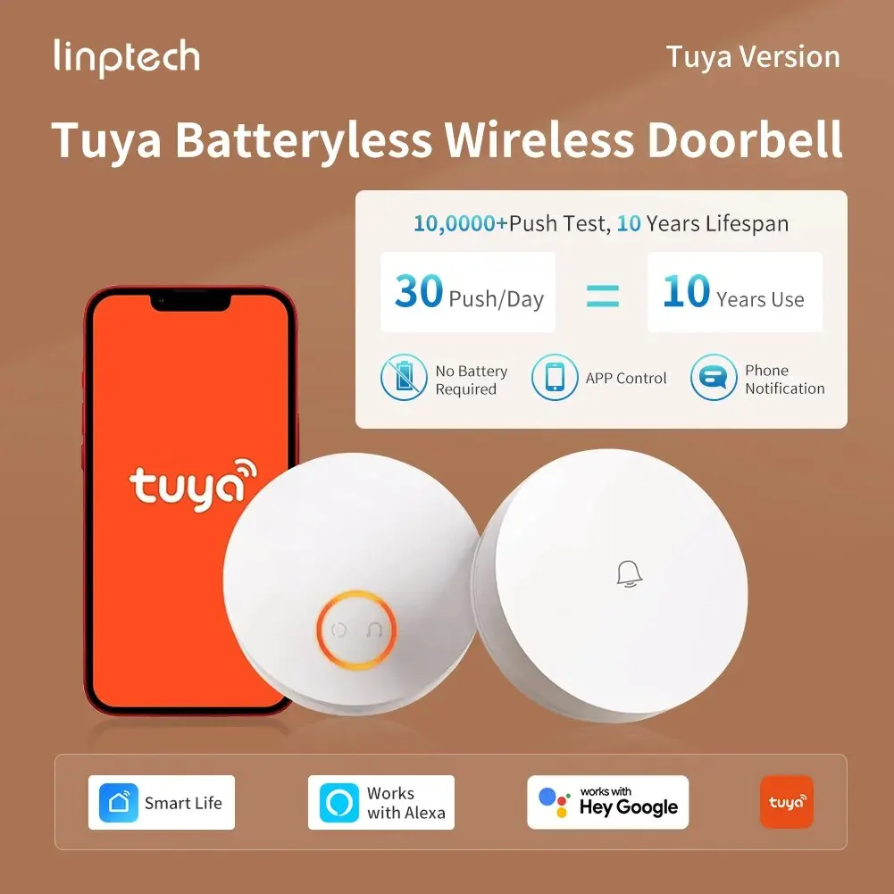 Campanello Wireless intelligente nessuna batteria richiesta, funziona con Alexa,Google Assistant,IPX5 impermeabile, controllo e notifica dell'app Tuya