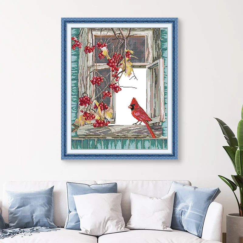 Joy Sunday Animal Series Cross Stitch Kits Bird on the Windowsill Home Decor Painting Embroidery Set DMC Printed Canvas