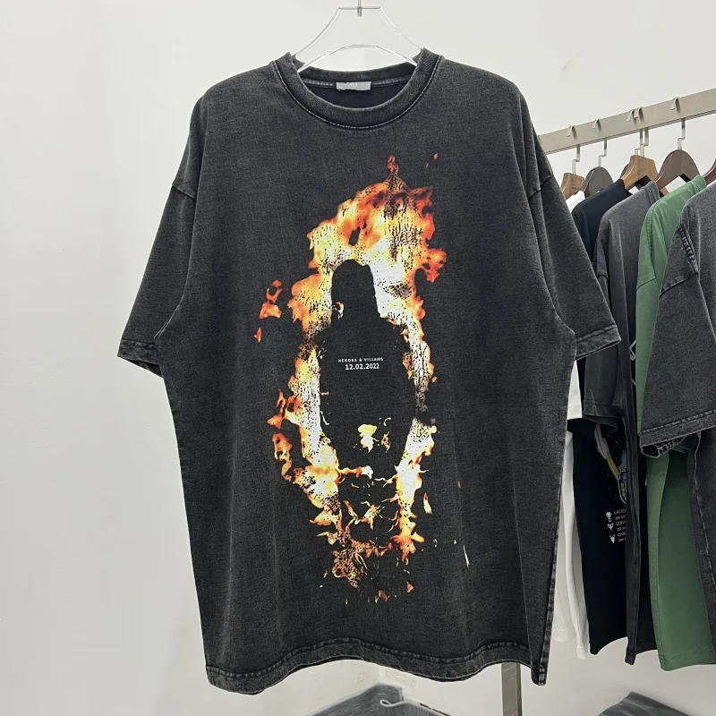 

Retro Waed American High Street ort Sve T-irt Pure Cotton Printed Flame Burning Bla Portrait ex Tee Punk Sle...