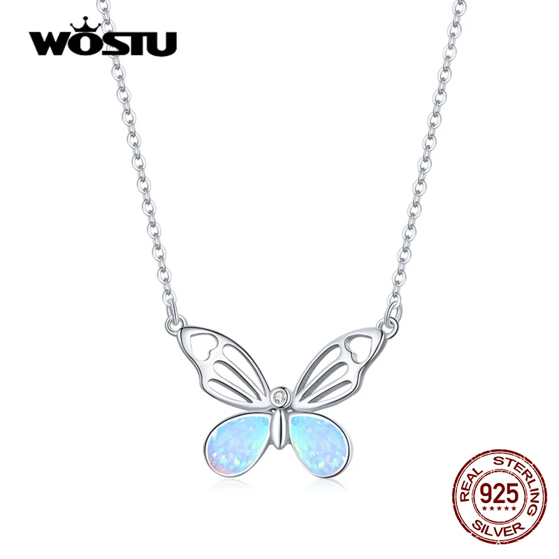 WOSTU 17.9'' 925 Sterling Silver Blue Opal Bttterfly Pendant Necklace for Women Fine Anniversary Jewelry Gifts Length Adjustable