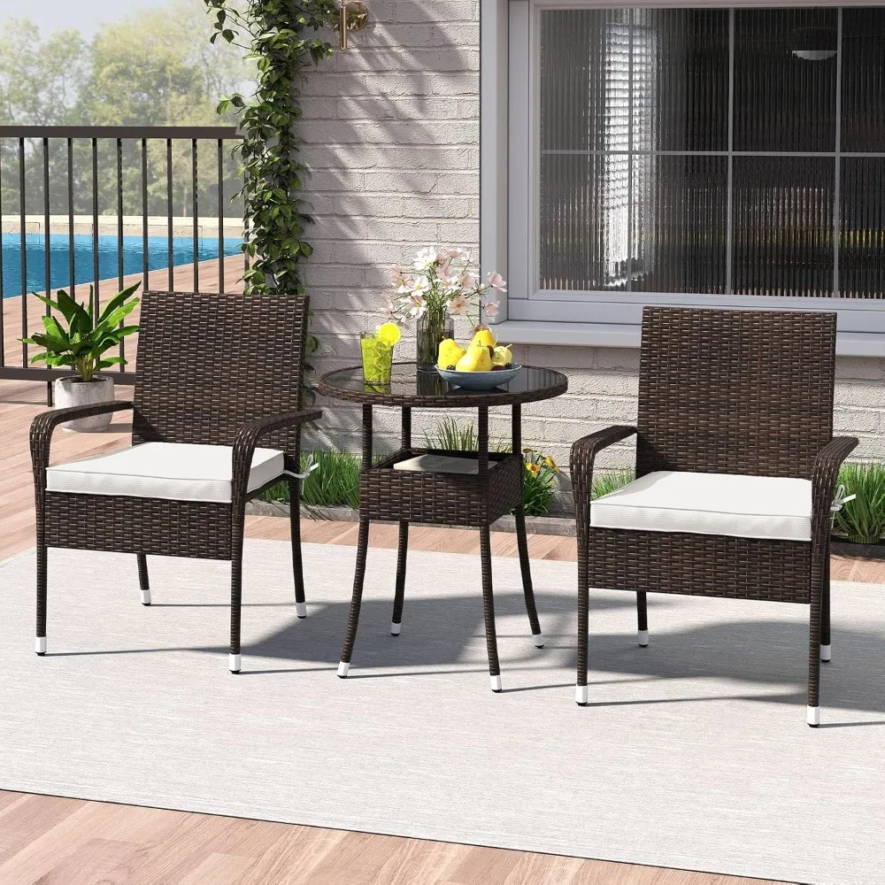 

Patio Furniture Set, PE Rattan Wicker Chairs with Tempered Glass Top Table and Soft Cushions, Outdoor Conversat Set