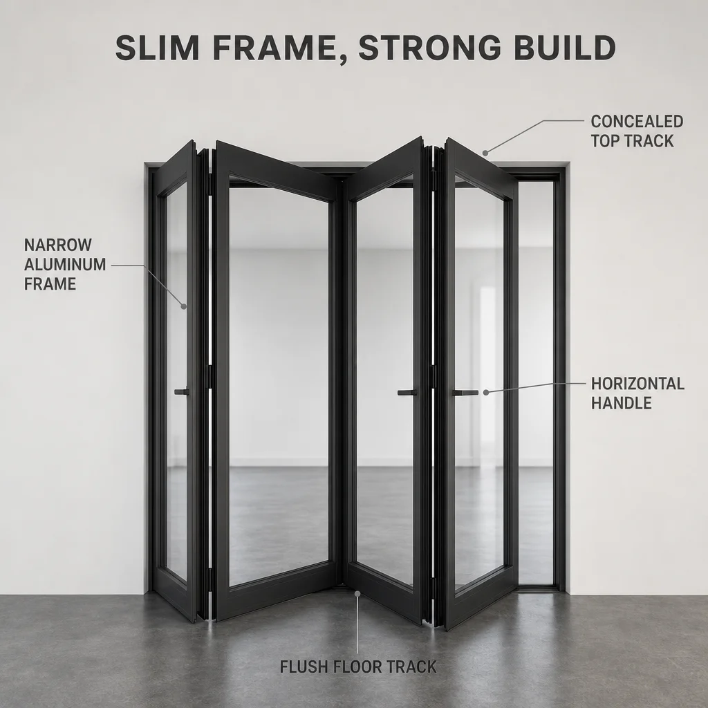 Modern Bi-Folding Patio Door French Narrow Frame Black Aluminum Thermal Break Double Tempered Glass Custom Size for Villa House