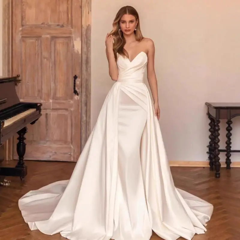 

French Satin Wedding Dress With Strapless And Simple Fishtail Skirt Hosting Trailing And Welcoming Banquet Dress Customized