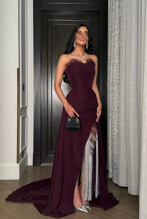 아라비안 나이트 우아한 이브닝 드레스 섹시한 클라렛 파티 드레스 사이드 슬릿 프롬 가운 맞춤형 럭셔리 이브닝 드레스