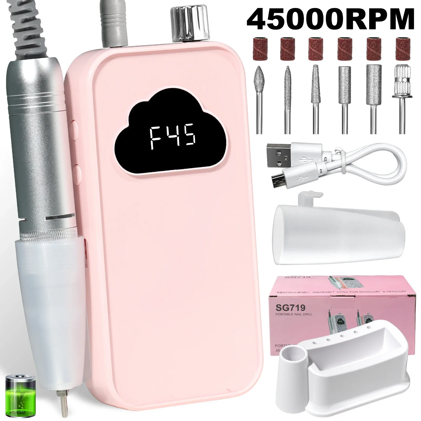 Profesional 45000RPM Electric Nail Drill Rechargeable Electric Portable Nail Sander File for Gel Nails Polishing Salon Tool