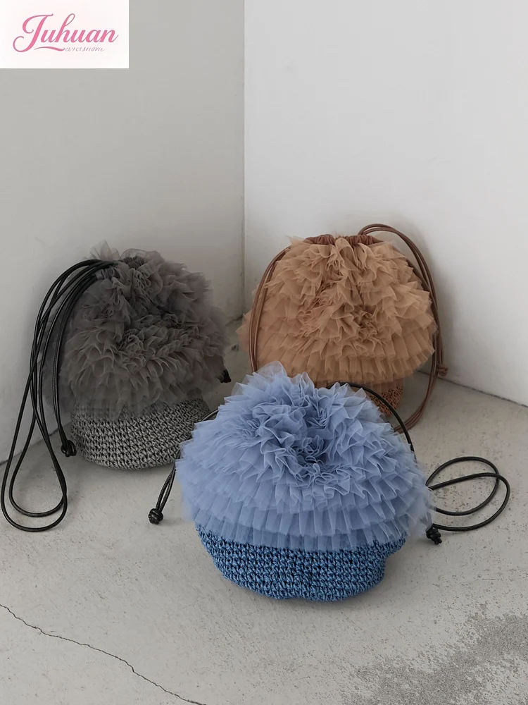 

2025 New Japanese Handmade Shoulder Messenger Women's Bags Sweet Layer Cake Lace Straw Woven Handbag Daily Versatile Bucket Bag