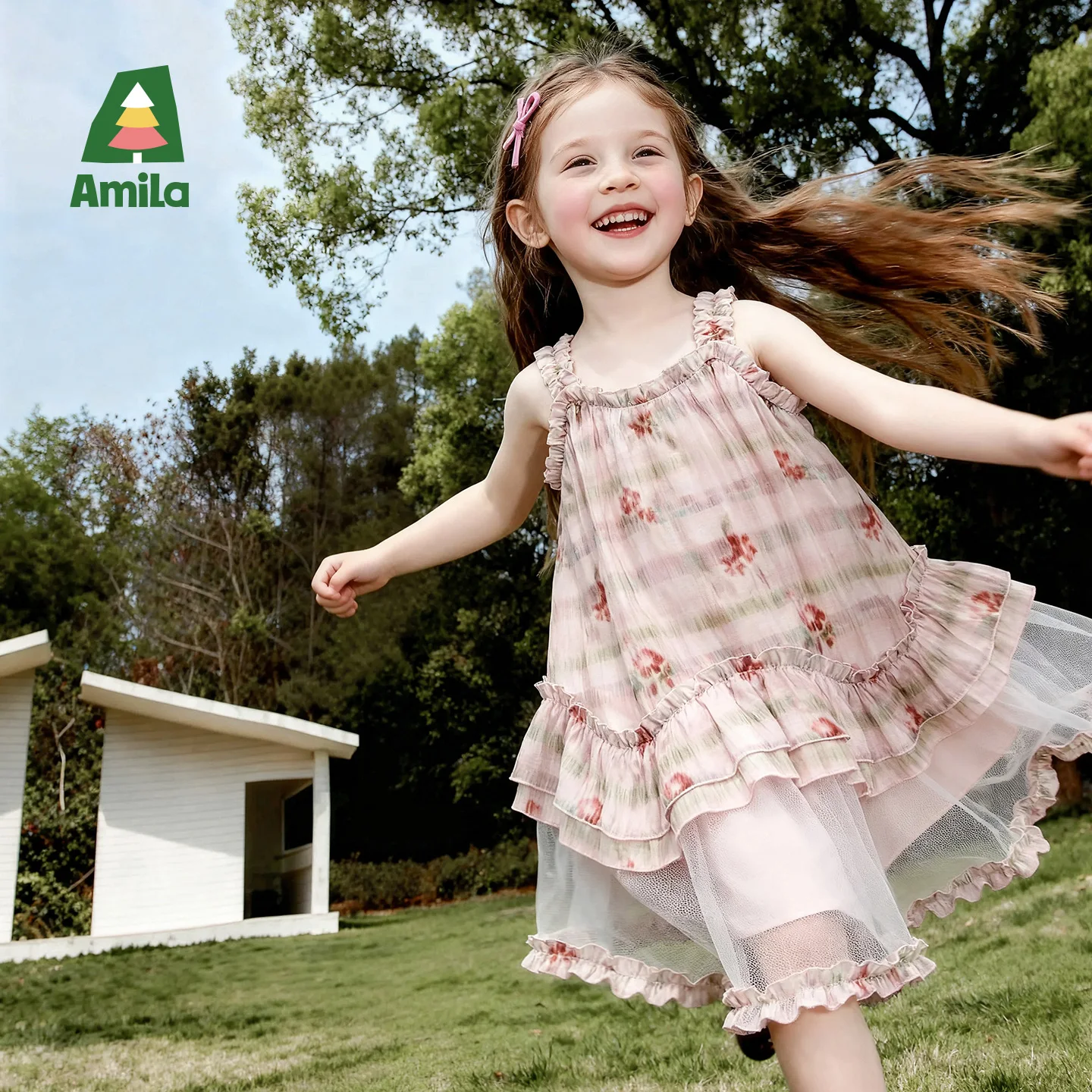 Amila 2026 Summer New Style Girls' Dress Watercolor Gradient Floral Ruffle Mesh Gentle And Sweet Literary Style Strap Dress