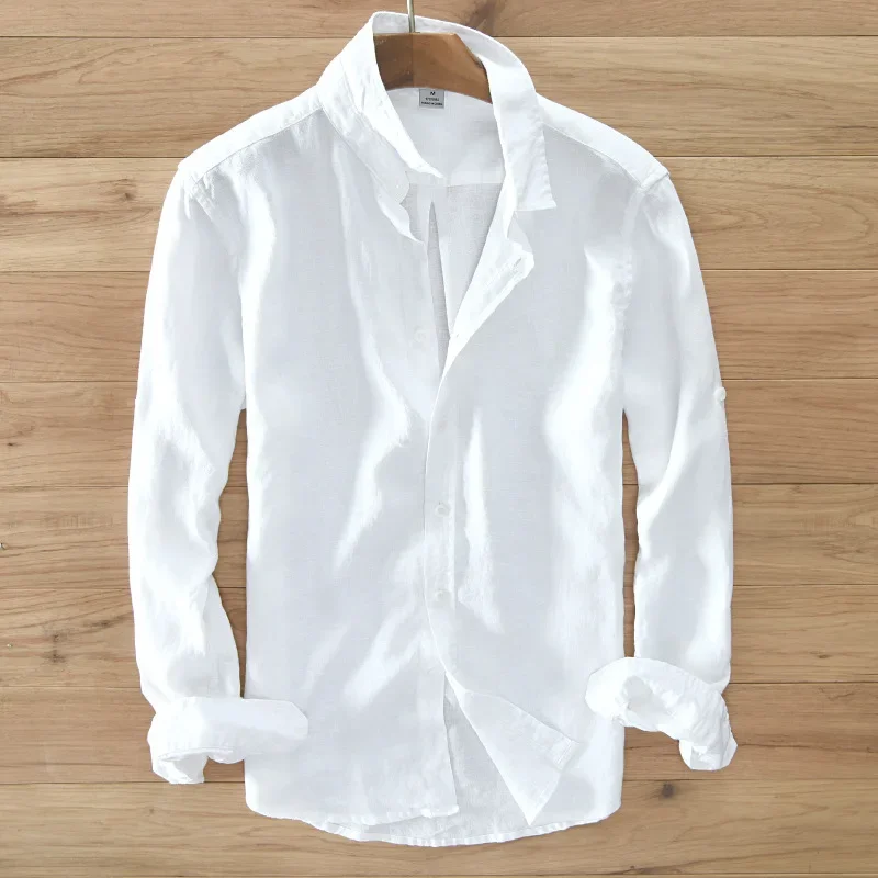 Novo designer 100% linho camisa de manga comprida masculina marca casual sólido branco botão up camisas para homem topo